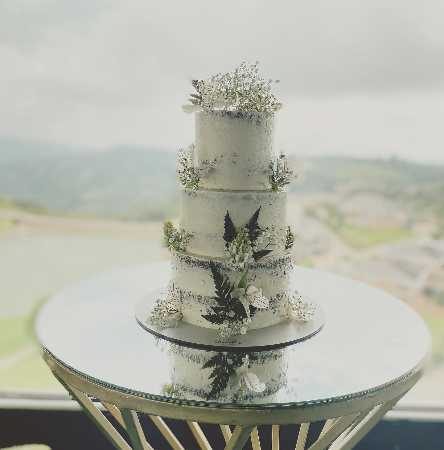 Torta semi-naked de tres pisos con helechos, gypsophila y vista a la montaña